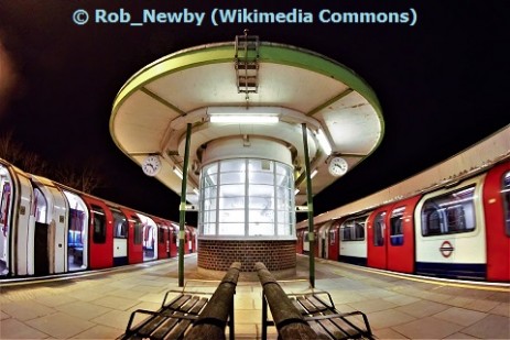Platform of Hainault tube station, London, at night