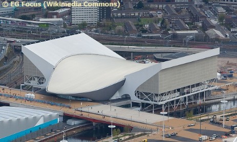 Aerial view of the Olympic Park showing the Aquatics Centre