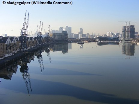 Royal Docks E16 Britannia Village with Canary Wharf behind.